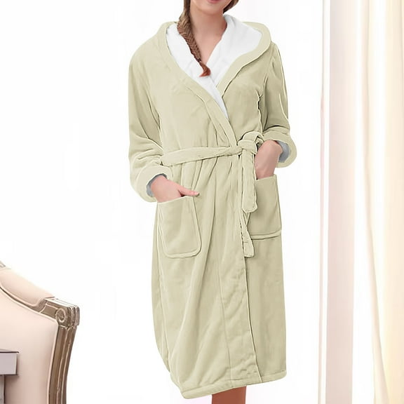 Zhi Women's Long Sleeve Sherpa-Lined Robe - Solid Color, Soft Fabric, Casual Daily & Home Wear,Khaki