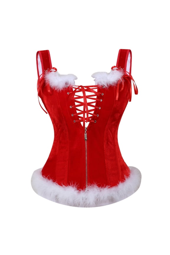 Zhi Women's Red Faux Fur Corset Top, Lace-Up Back & Satin Finish, Vintage Burlesque Style for Performances