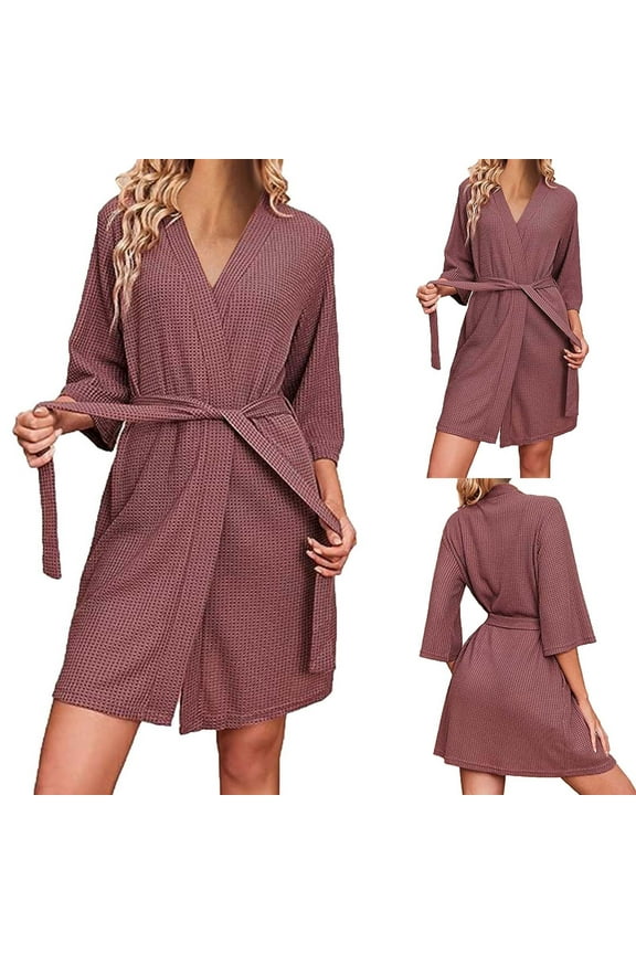 Zhi Women's Solid Long Sleeve Wrap Linen Robe, Breathable Fabric, Summer & Home Wear,Pink