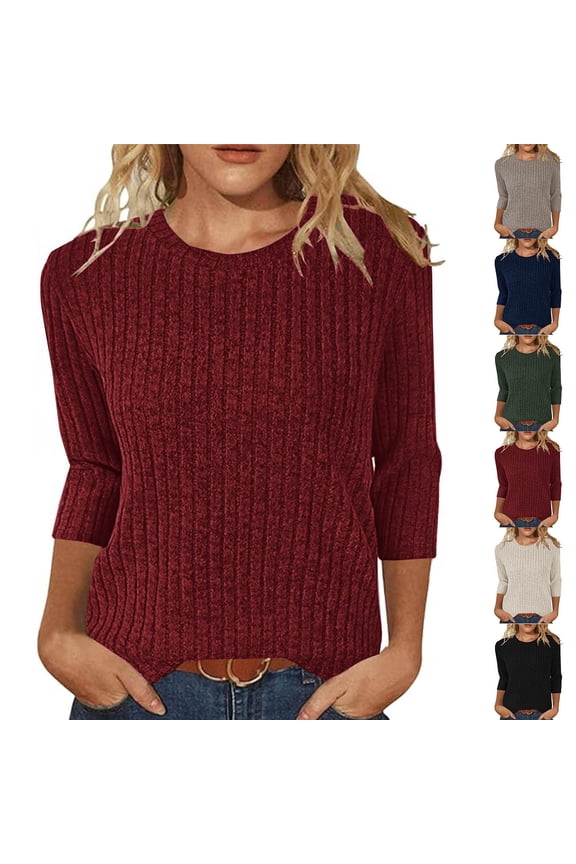 Zhi Women's V-Neck 3/4 Sleeve Relaxed Fit Rib Knit Top - Lounge & Daily ,Black ,XXL