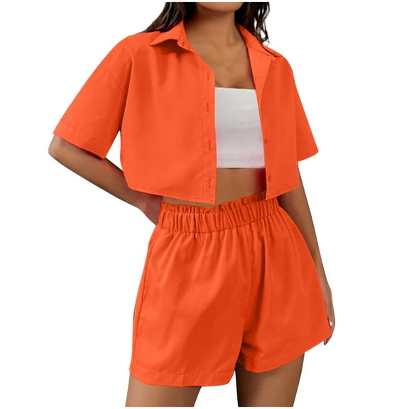 ZhiFeng 2 Piece Short Set Lapel Short Sleeved Button Shirt Mid Waisted Shorts Outfits Solid Color Casual Loose Fit Set Lady Travel Leisure Suit