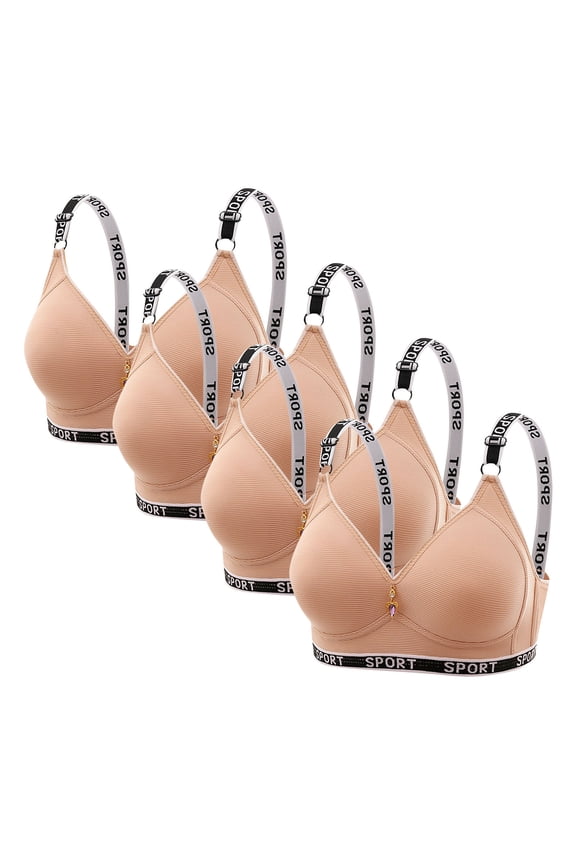 Bras for Women 4pc Women Underware Full Coverage Gathered Soft Sleep Wirefree Bras Printed No Steel Ring Comfy Thin Loose Brassiere Ladies Daily Wear Beige M