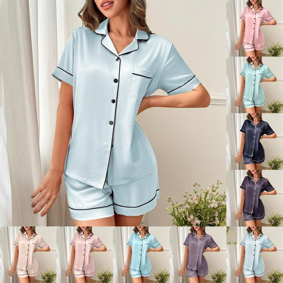 ZhiFeng Matching Pajama Set for Women Two Piece Short Set Lapel Short Sleeved Button Pocket Shirt Mid Waisted Shorts Outfits Solid Color Lightweight Loose Fit Set Lady Vacation Leisure Suit
