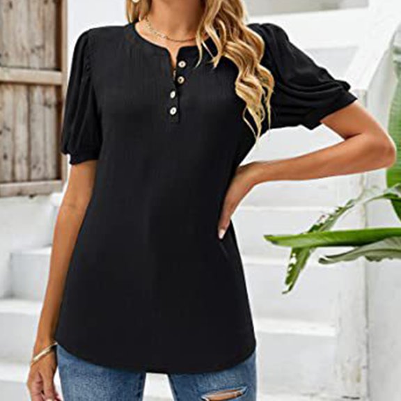 ZhiFeng Shirt Woman Womens Top Crewneck Short Sleeved Button Blouse Solid Color Comfortable Loose Fit Tops Ladies School Summer Shirt Black