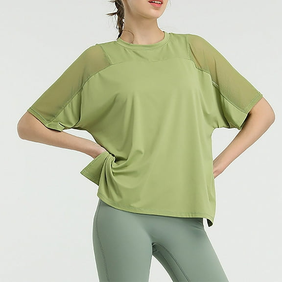 ZhiFeng Shirt Womens Tops for Women Crewneck Short Sleeved Mesh Drying Blouse Solid Color Comfortable Loose Fit Tops Lady School Summer Shirt Green