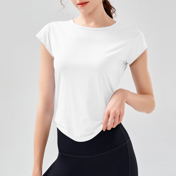 ZhiFeng Shirts for Women Women’s Tops Crew Neck Short Sleeved Hollow out Blouse Solid Color Comfy Stylish Loose Fit Tops Lady Travel Summer Shirt White