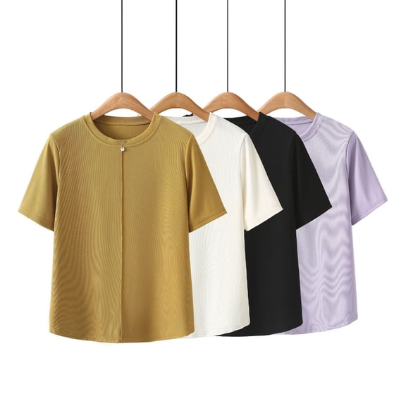 ZhiFeng Shirts Womens Womens Top Crew Neck Short Sleeved Blouse Solid Color Leisure Loose Fit Tops Lady Work Summer Shirt Black