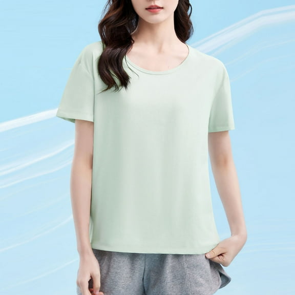 ZhiFeng Shirts for Women Woman Top Crew Neck Short Sleeved Blouse Solid Color Comfy Stylish Loose Fit Tops Lady Work Summer Shirt Mint Green