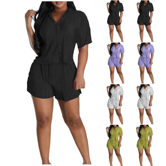 ZhiFeng Short Outfits for Women Lapel Short Sleeved Button Shirt Mid Waisted Shorts Outfits Solid Color Fashion Loose Fit Set Ladies Travel Leisure Suit