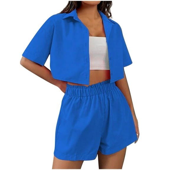 ZhiFeng Short Set for Women Lapel Short Sleeved Button Shirt Mid Waisted Shorts Outfits Solid Color Casual Loose Fit Set Lady Festival Leisure Suit