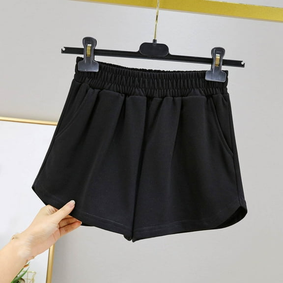 ZhiFeng Shorts Women Summer Shorts Pants for Women Elastic Mid Waist Pocket Shorts Solid Color Fashion Shorts Ladies Loose Fit Vacation Wear Black L