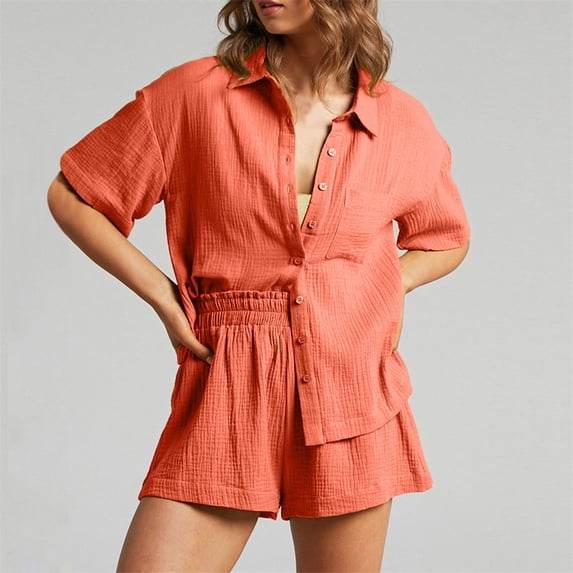 YLOMAY Summer Matching Sets for Women Lapel Short Sleeved Button Shirt Mid Waisted Shorts Outfits Solid Color Fashion Loose Fit Set Ladies Party Leisure Suit