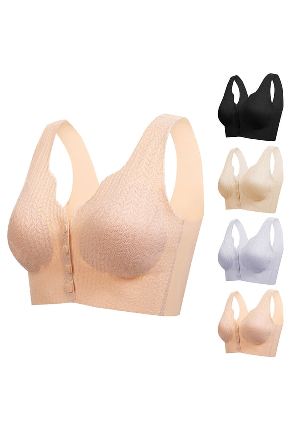 T Shirt Bra Women's Underwear Front Snaps Lace No Underwire Bras Solid Color Breathable Brassiere Loose Daily Wear Beige L