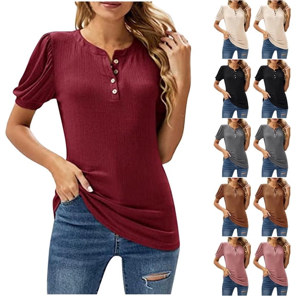 ZhiFeng T Shirt for Women Womens Trendy Tops Crewneck Short Sleeved Button Blouse Solid Color Comfortable Loose Fit Tops Ladies Work Summer Shirt Beige