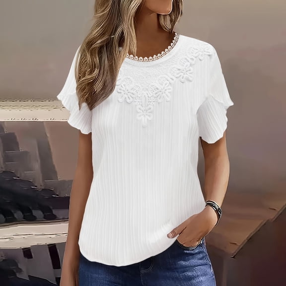 ZhiFeng T Shirt for Women Tops for Women Trendy Crew Neck Short Sleeved Blouse Solid Color Stylish Loose Fit Tops Lady Anniversary Summer Shirt White