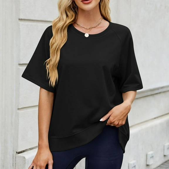 ZhiFeng T Shirt for Women Women’s Top Crewneck Short Sleeved Blouse Solid Color Comfortable Loose Fit Tops Ladies Holiday Summer Shirt Black