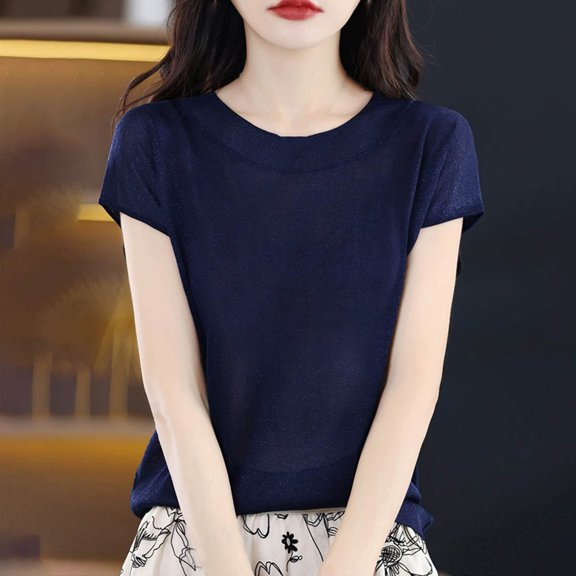 ZhiFeng T Shirt for Women Womens Tops Crew Neck Short Sleeved Blouse Solid Color Stylish Loose Fit Tops Ladies Party Summer Shirt Navy