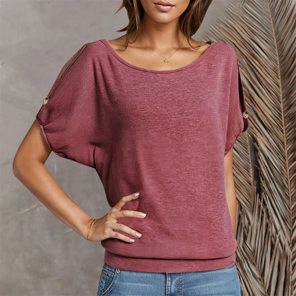 ZhiFeng T-Shirts Women Tops for Women Trendy Crew Neck Short Sleeved Blouse Solid Color Fashion Loose Fit Tops Lady Party Summer Shirt Pink