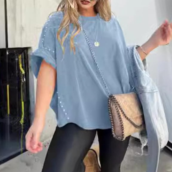 ZhiFeng T-Shirts for Women Tops Women Trendy Crewneck Short Sleeved Blouse Solid Color Comfy Loose Fit Tops Ladies Weekend Summer Shirt Blue