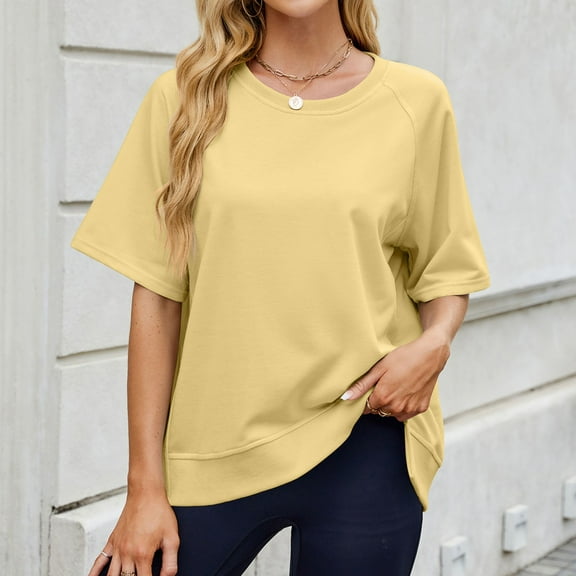 ZhiFeng Tshirt Women Casual Tops Women Crewneck Short Sleeved Blouse Solid Color Comfortable Loose Fit Tops Ladies School Summer Shirt Yellow
