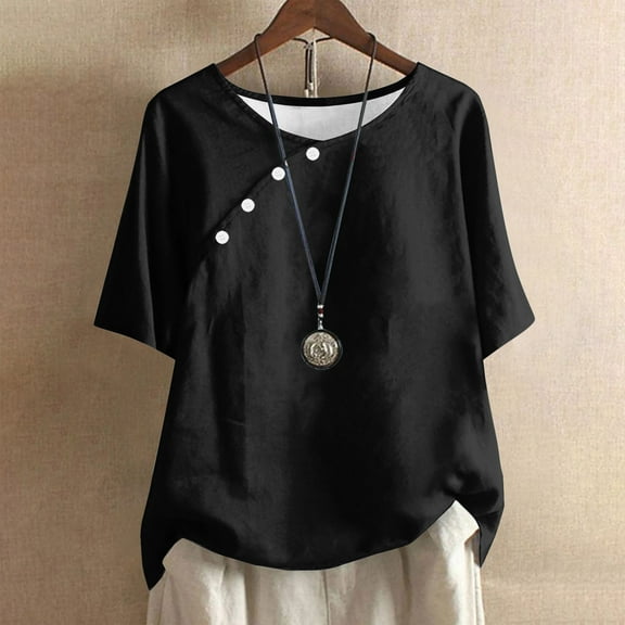 ZhiFeng Tshirt Women Womans Top Crew Neck Short Sleeved Button Blouse Solid Color Stylish Loose Fit Tops Ladies Weekend Summer Shirt Black
