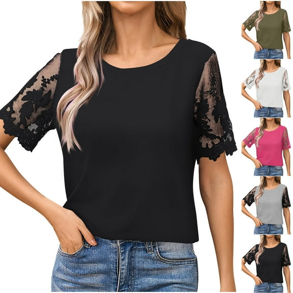 ZhiFeng Tshirt for Women Womens Tops Trendy Crew Neck Short Sleeved Lace Blouse Solid Color Stylish Loose Fit Tops Ladies Work Summer Shirt Army Green