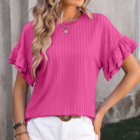 ZhiFeng Tshirt for Women Casual Tops for Women Crewneck Short Sleeved Blouse Solid Color Stylish Loose Fit Tops Lady School Summer Shirt Hot Pink