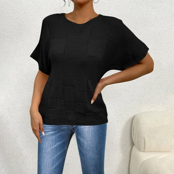 ZhiFeng Tshirt for Women Womens Top Crew Neck Short Sleeved Blouse Solid Color Comfy Stylish Loose Fit Tops Lady Weekend Summer Shirt Black