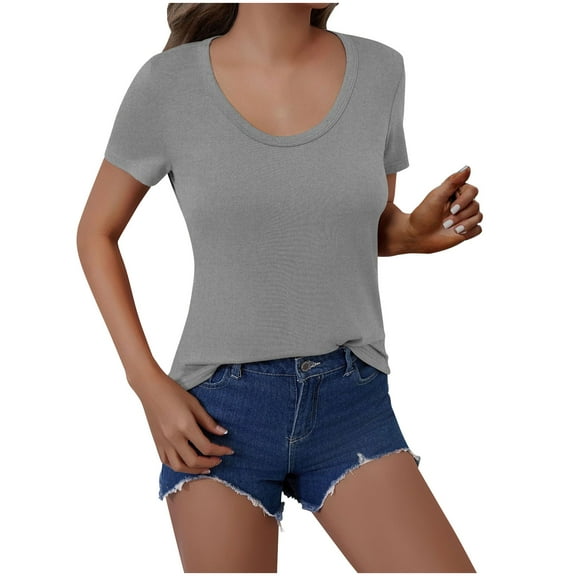 ZhiFeng Tshirts Women Casual Tops Women Crew Neck Short Sleeved Blouse Solid Color Lightweight Loose Fit Tops Lady Weekend Summer Shirt Gray