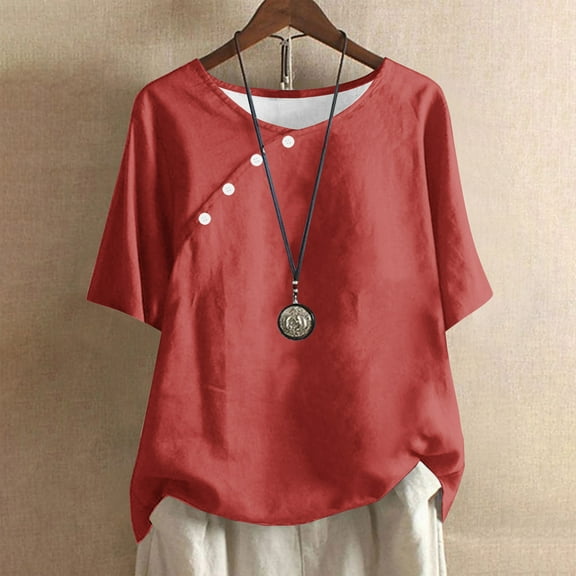 ZhiFeng Tshirts for Women Top for Women Trendy Crew Neck Short Sleeved Button Blouse Solid Color Stylish Loose Fit Tops Ladies Work Summer Shirt Orange