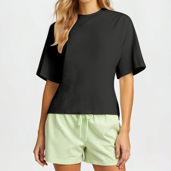 ZhiFeng Tshirts Women Woman Top Crewneck Short Sleeved Blouse Solid Color Comfortable Loose Fit Tops Lady Party Summer Shirt Black