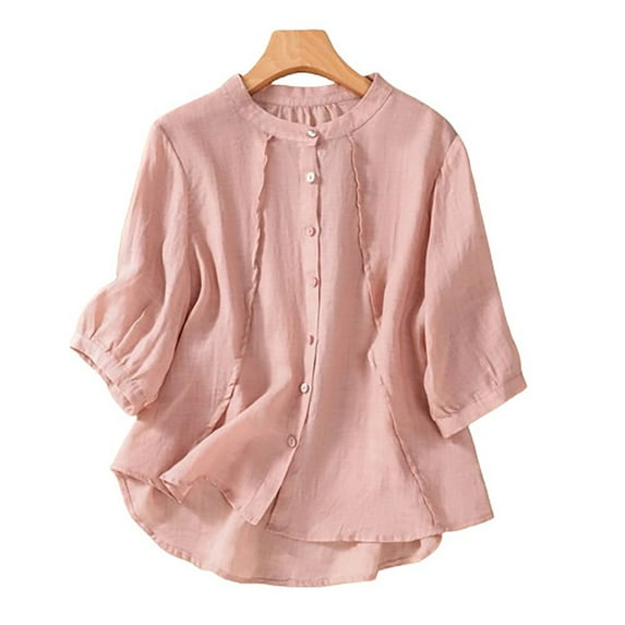 ZhiFeng Tshirts Women Womens Trendy Tops Crew Neck Short Sleeved Button Blouse Solid Color Leisure Loose Fit Tops Lady Work Summer Shirt Pink