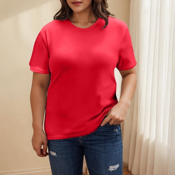 ZhiFeng Tshirts for Women Tops Women Crewneck Short Sleeved Blouse Solid Color Stylish Loose Fit Tops Ladies Vacation Summer Shirt Red