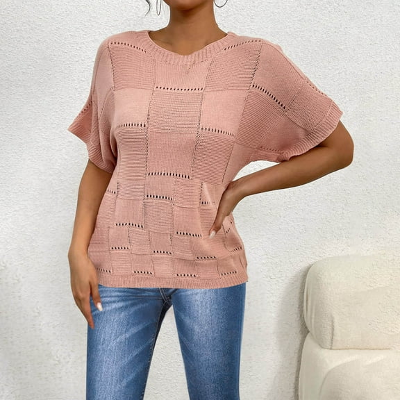 ZhiFeng Woman Shirt Trendy Tops for Women Crew Neck Short Sleeved Blouse Solid Color Comfy Stylish Loose Fit Tops Ladies Holiday Summer Shirt Pink