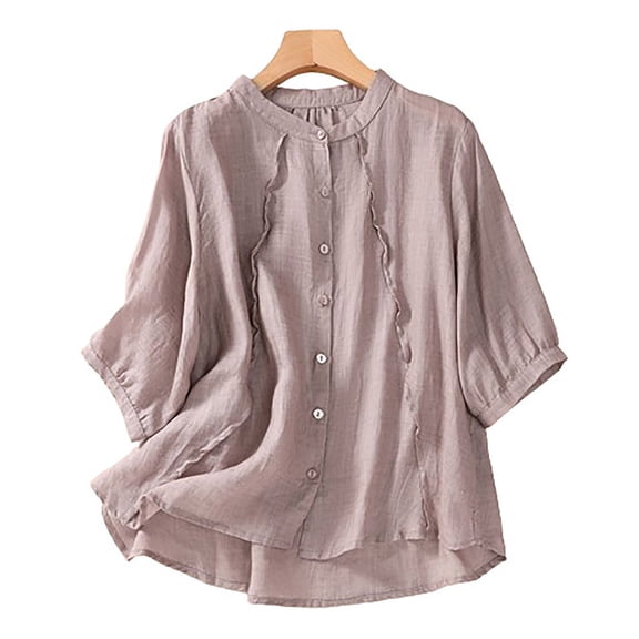 ZhiFeng Woman Shirts Trendy Womens Tops Crew Neck Short Sleeved Button Blouse Solid Color Leisure Loose Fit Tops Ladies Holiday Summer Shirt Purple