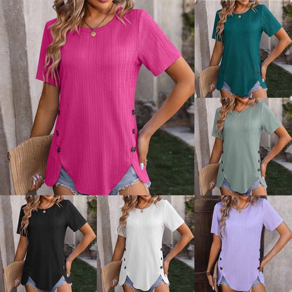 ZhiFeng Woman Shirts Womens Tops Crew Neck Short Sleeved Button Blouse Solid Color Stylish Loose Fit Tops Ladies Holiday Summer Shirt Army Green