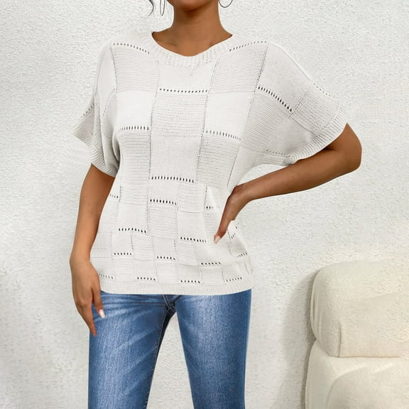 ZhiFeng Womans Shirts Tops Women Trendy Crew Neck Short Sleeved Blouse Solid Color Comfy Stylish Loose Fit Tops Lady Beach Summer Shirt White