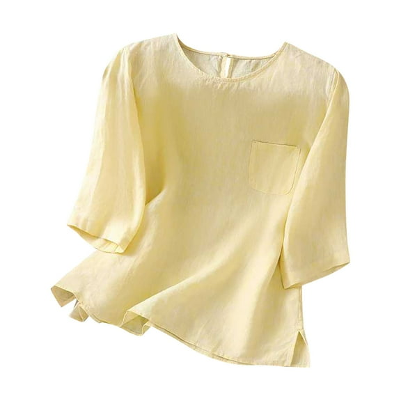 ZhiFeng Womans Shirts Womens Tops Trendy Crewneck Elbow-Length Sleeve Blouse Solid Color Leisure Loose Fit Tops Lady Party Summer Shirt Yellow