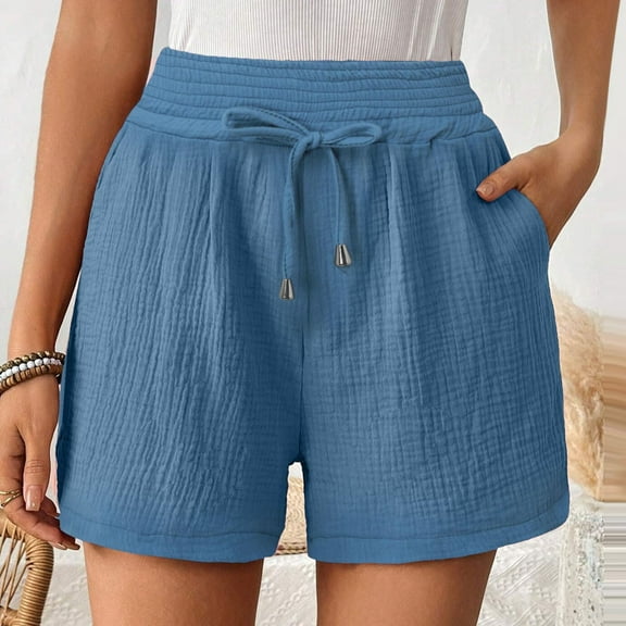 ZhiFeng Womans Shorts Summer Women Short Pants Elastic High Waist Pocket Drawstring Shorts Solid Color Comfy Shorts Ladies Loose Fit Travel Wear Blue XXL