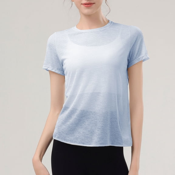 ZhiFeng Womans T Shirts Women's Tops Crew Neck Short Sleeved Blouse Solid Color Comfy Stylish Loose Fit Tops Ladies Party Summer Shirt Blue