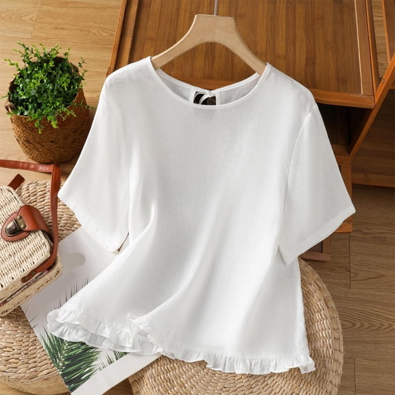 ZhiFeng Womans Tshirts Tops Women Trendy Crewneck Short Sleeved Ruffle Hem Blouse Solid Color Stylish Loose Fit Tops Lady Weekend Summer Shirt White