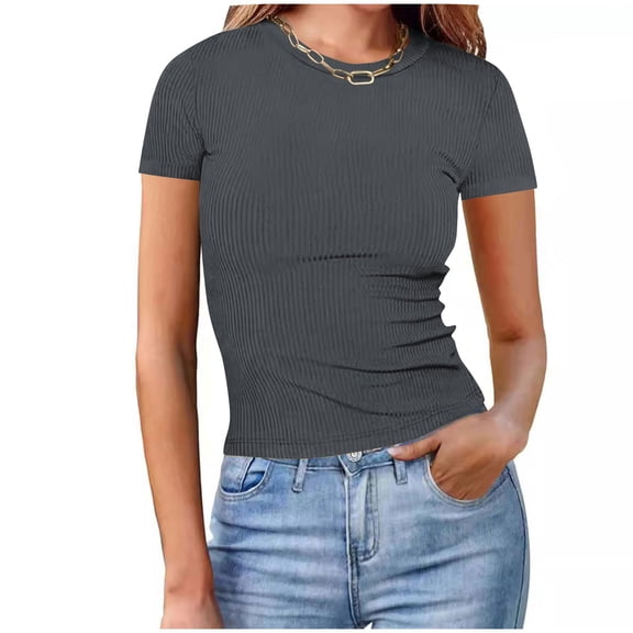 ZhiFeng Women Shirts Tops Women Trendy Crewneck Short Sleeved Blouse Solid Color Comfortable Loose Fit Tops Ladies Travel Summer Shirt Dark Gray