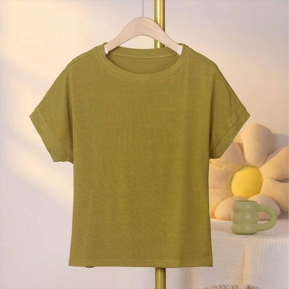 ZhiFeng Women Shirts Women Tops Trendy Crew Neck Short Sleeved Blouse Solid Color Stylish Loose Fit Tops Lady School Summer Shirt Yellow