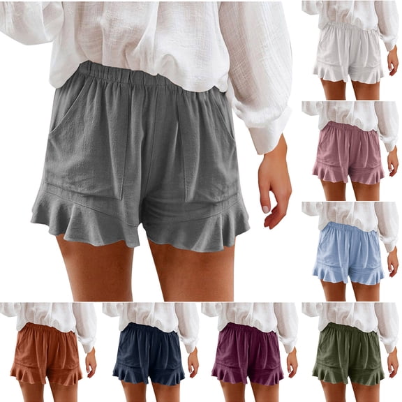 ZhiFeng Women Shorts Casual Summer Womens Short Pants Elastic Mid Waist Pocket Shorts Solid Color Trendy Shorts Lady Loose Fit Anniversary Wear Army Green L