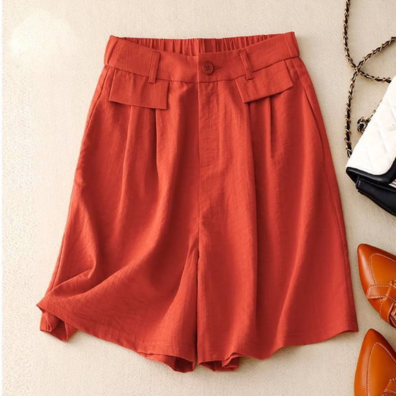 ZhiFeng Women Shorts Summer Women Short Pants Mid Waist Button Shorts Solid Color Comfy Shorts Ladies Loose Fit Party Wear Red XL