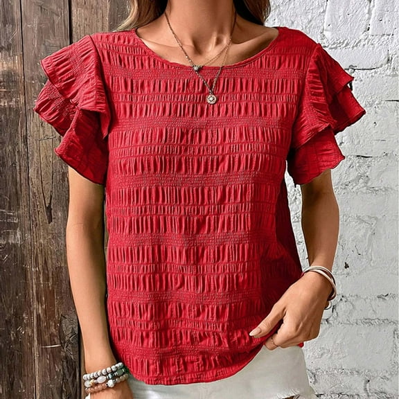 ZhiFeng Women T-Shirts Womens Tops Crew Neck Short Sleeved Blouse Solid Color Stylish Loose Fit Tops Ladies Holiday Summer Shirt Red