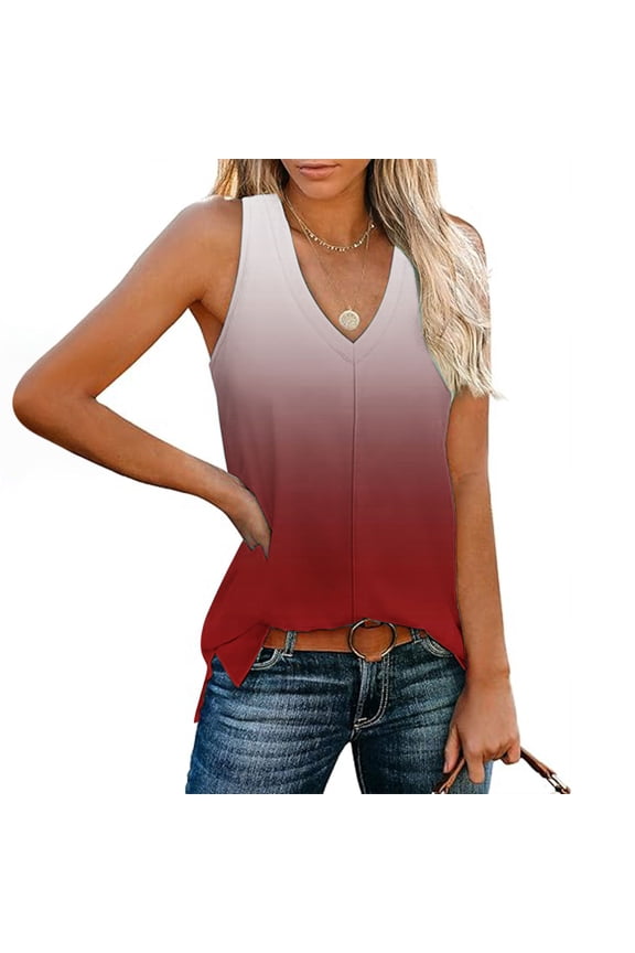 Women Tank Top Womans Tshirt Sleeveless V Neck Blouse Comfortable Gradient Color Loose Fit Tops Weekend Summer Clothes Red XL