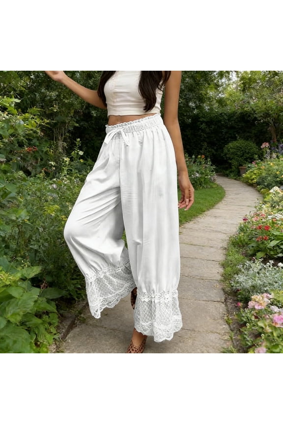 Women's Casual Pants Lace Ruffle Long Bloomers Mid Rise Vintage Pantaloons Patchwork Trousers with Drawstring Solid Color Pajama Bottoms White S