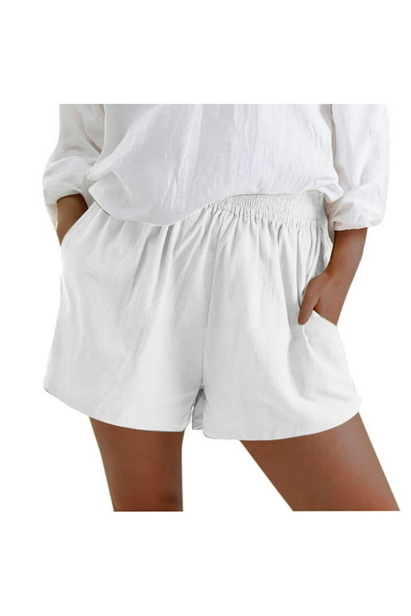 Women's Casual Shorts Summer Short Pants for Women Elastic Mid Waist Pocket Shorts Solid Color Lightweight Shorts Loose Fit Weekend Wear Beige L