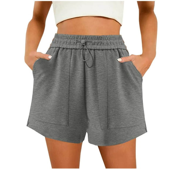 ZhiFeng Women’s Shorts Summer Short Pants for Women Elastic Mid Waist Pocket Drawstring Shorts Solid Color Trendy Shorts Lady Loose Fit Beach Wear Dark Gray S